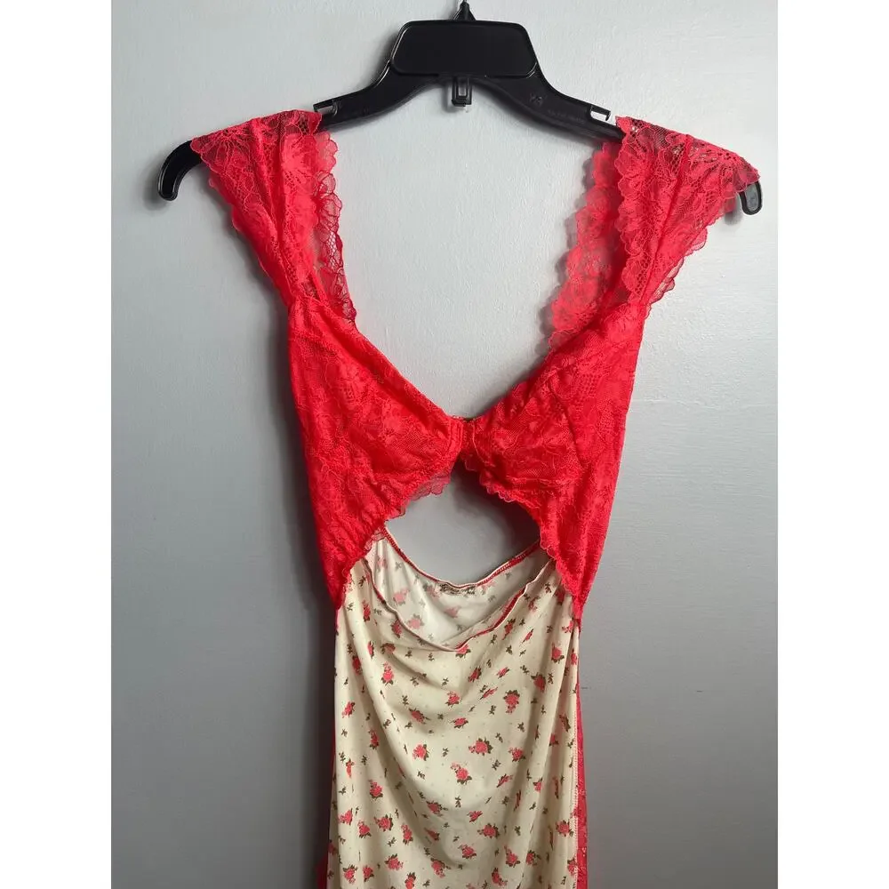 Free People Intimately Suddenly Fine Maxi Slip Dress Tea Combo Floral Lace  [s]